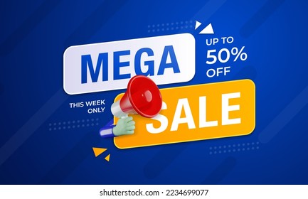 Mega sale banner promotion with 3D megaphone on red background. Special offer label design