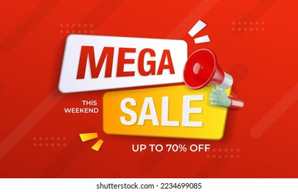Mega sale banner promotion template with 3D megaphone on red background. Special deal label design