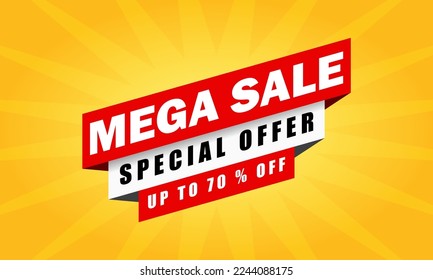 Mega sale banner promotion template design, Big sale special up to 70% off. Super Sale, end of season special offer banner. vector illustration. 