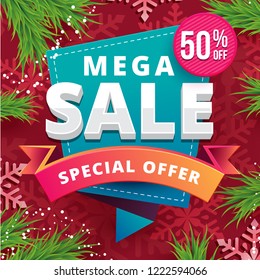 Mega Sale Banner with Red Christmas Themed Background