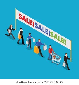 mega sale banner, scene with a crowd, women and men with shopping bags and sale banner isometric 3d vector concept for banner, website, illustration, landing page, flyer, etc