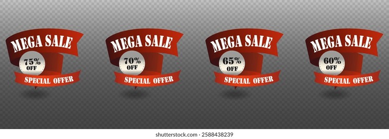 Mega sale banner set, red ribbon. Vector EPS10