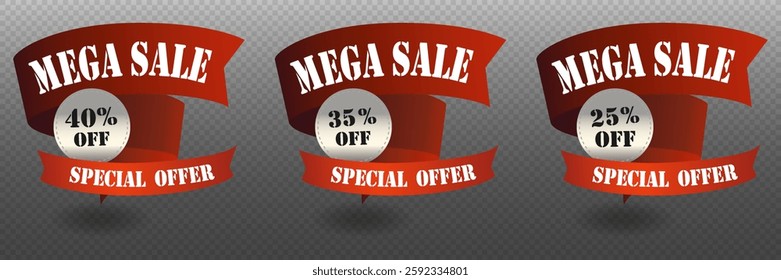 Mega sale banner set, red ribbon. Vector EPS10