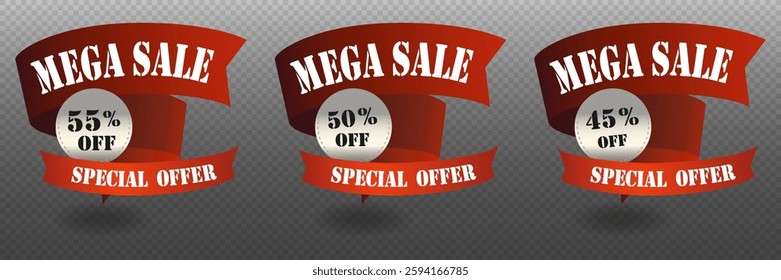 Mega sale banner set, red ribbon. Vector EPS10