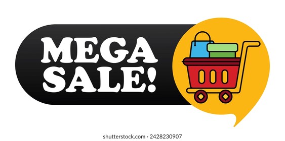 Mega sale banner with shopping cart full of packages. Order, online store, shop, buy, buyer, purchase, customer, box, product, boutique, sell, delivery, announcement. Vector illustration