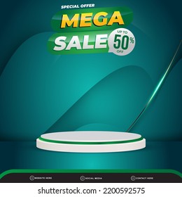 mega sale banner social media template post with blank space 3d podium for product with abstract gradient blue and green colour background design