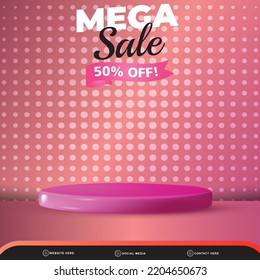 mega sale banner social media template post with blank space 3d podium for product with abstract pink and purple gradient background design