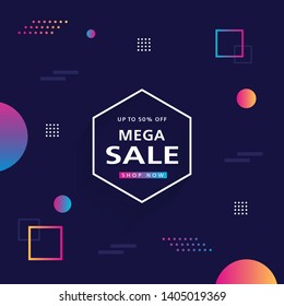 Mega sale banner. Special offer background, poster, flyer in modern style and vibrant colors. Geometric vector illustration. Promotion sales and discounts.