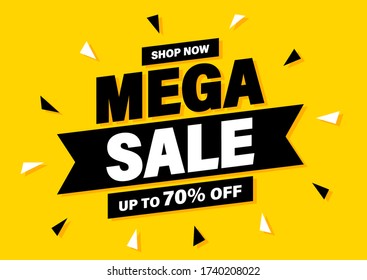 Mega Sale banner, special offer and sale. Shop now or this weekend only. Up to 50 or 60 or 70 off. Discount, mega sale. Vector illustration.