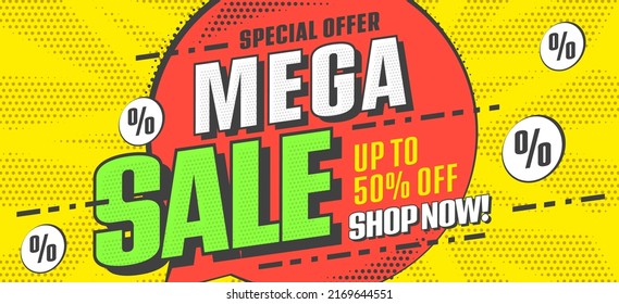 Mega sale banner with special offer up to 50 percent off. Retail marketing and online shopping with half price vector illustration. Shop now invitation