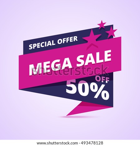Mega sale banner, special offer badge, 50% off. Vector illustration in flat,  abstract geometric style.