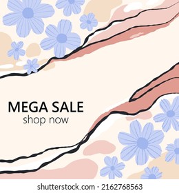Mega sale banner. Square spring summer poster. Blue flowers on beige background, discount card, natural abstract promo marketing social media posts template vector minimal design