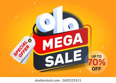 Mega sale banner template with 3d percentage icon on yellow background. Special offer label design. Big sale up to 70% off. Super sale, end of season special offer banner.