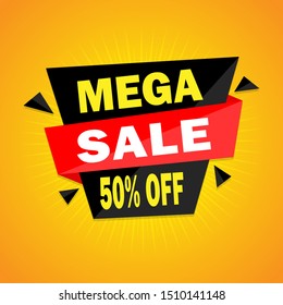 Mega sale banner template design. Modern banner template on yellow background. Discount up to 50% off. Vector illustration