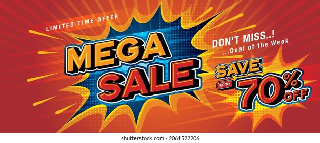 Mega Sale Banner Template design special offer discount 70% off, Shopping banner template, Abstract Sale Web Header template design for Sale and discount promotion poster design. discount tag 