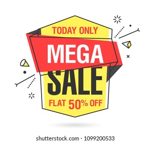 Mega Sale banner template in flat trendy memphis geometric style, retro 80s - 90s paper style poster, placard, web banner design, vector illustration