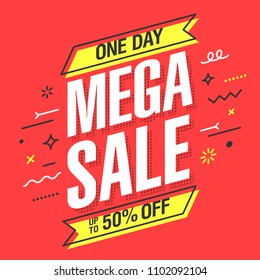 Mega Sale banner template in flat trendy memphis geometric style, retro 80s - 90s paper style poster, placard, web banner design, vector illustration