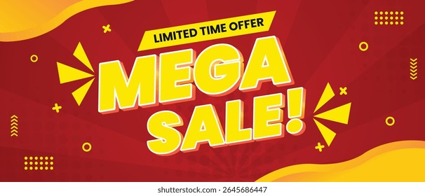 Mega sale banner template in flat trendy memphis geometric style, red and yellow, modern style poster, placard, web banner designs. Vector Illustration.