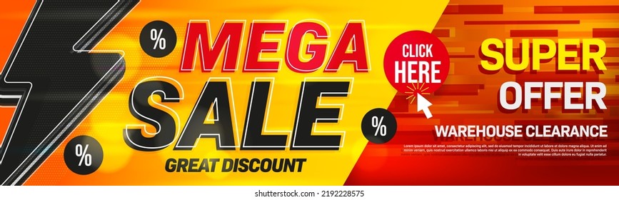 Mega Sale Banner Template. Great Discount Offer Advertisement Flyer. Stock Warehouse Clearance Promotion Vector Illustration. Super Mega Sale Marketing Announcement