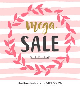 Mega Sale banner template with modern calligraphy in retro vintage style. Flyer background, vector illustration