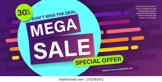 Mega sale banner template. Special offer poster with modern colorful background.