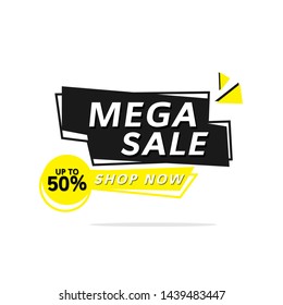 Mega sale banner template vector label shopping. Sale banner template design, up to 50%. Advertisement promotion banner. Vector illustration.