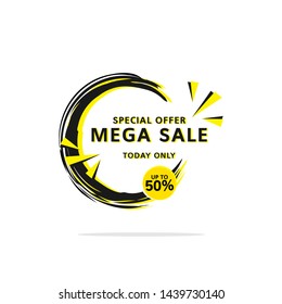 Mega sale banner template vector label shopping. Circle sale banner template design, up to 50%. Advertisement promotion banner. Vector illustration.