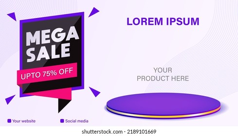 Mega sale banner template white background Flat illustration of 3D podium display vector. Big sale special offer, 75 off at the end of the season. The mega sale banner is black and pink.
