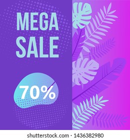 Mega sale banner with tropical leaves decoration. Palm tree and fern leaves composition. Retail seasonal promotion and advertisement. Special offer and discount proposition vector illustration.