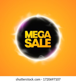 Mega Sale Banner. Vector Circle Black Hole Portal Banner. Flyer Round Design Template With Glowing Neon Tube Circle Around Background. Flash Effect