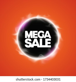 Mega Sale Banner. Vector Circle Black Hole Portal Banner. Flyer Round Design Template With Glowing Neon Tube Circle Around Background. Flash Effect