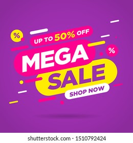 Mega Sale banner vector template design purple background, Big sale special offer. end of season special offer banner. vector illustration.