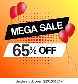 Mega sale banner for web or social media. With red balloons and gradient background. Discount announcement. Sale tag