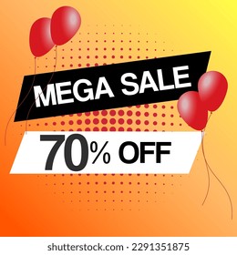 Mega sale banner for web or social media. With red balloons and gradient background. Discount announcement. Sale tag