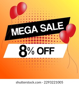 Mega sale banner for web or social media. With red balloons and gradient background. Discount announcement. Sale tag