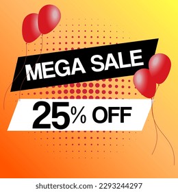 Mega sale banner for web or social media. With red balloons and gradient background. Discount announcement. Sale tag
