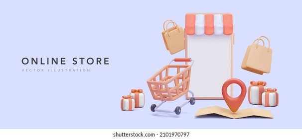 Mega sale banner for your online store in 3d realistic style with phone, map, cart, bag, gift. Vector illustration