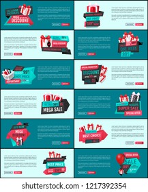 Mega sale banners, discount and special offer, gift boxes and presents. Holiday off, online shopping, price reduction, balloons vector illustrations
