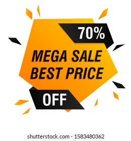 Mega sale best price offer banner design with explosion. Pentagon geometric shape vector illustration. Abstract graphic element with text. Template for promotion poster, advertising label or flyer