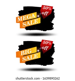 Mega sale, Big sale, Web banners, vector illustration, grunge slyle. Black vector grunge background with 50% sale