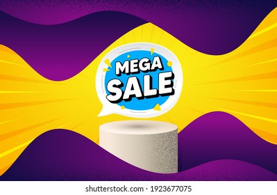 Mega sale bubble. Background with podium platform. Discount banner shape. Coupon sticker icon. Dotted offer podium banner. Dotwork platform background. Mega sale badge. Vector