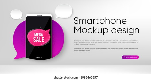 Mega sale bubble banner. Mobile phone vector mockup. Discount sticker shape. Coupon chat icon. Smartphone mockup speech bubble. Sale bubble banner. Phone screen frame. Mobile background. Vector