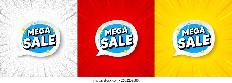 Mega sale bubble. Flash offer banner, coupon or poster. Discount banner shape. Coupon sticker icon. Mega sale promo banner. Retail marketing flyer. Starburst pop art. Vector