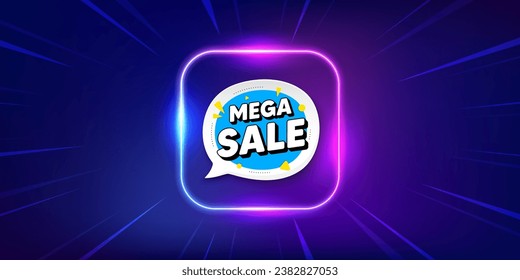 Mega sale bubble. Neon light frame offer banner. Discount banner shape. Coupon sticker icon. Mega sale promo event flyer, poster. Sunburst neon coupon. Flash special deal. Vector