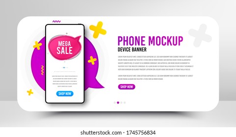 Gran burbuja de venta. Cartel de la parodia de la pantalla del teléfono. Forma de pancarta de descuento. Icono de charla de cupón. Banner de medios sociales con pantalla de smartphone. Plantilla web de burla de compras. Promoción de la burbuja de la venta. Vector