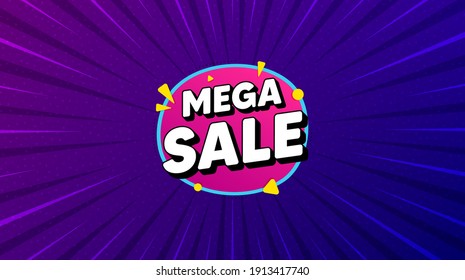 Mega sale bubble. Purple background with offer message. Discount banner shape. Coupon sticker icon. Best advertising coupon banner. Mega sale badge shape. Abstract background. Vector