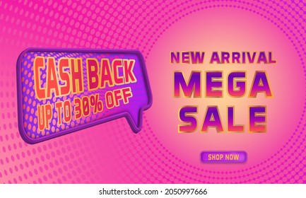 Mega sale cashback promotional banner design with 3d frame and halftone gradient background