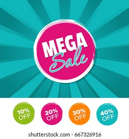 Mega sale color banner and 10%, 20%, 30% & 40% Off Marks. Vector illustration