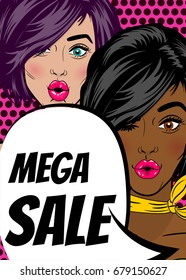 Mega sale. Comic book text balloon speech bubble. Pop art sexy woman advertise vintage poster. Discount banner vector retro illustration. Girl comic wow face surprised marketing special offer.