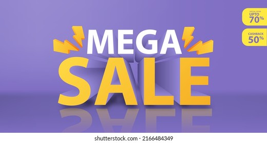 Mega Sale concepto 3d con hasta un 70 por ciento de descuento y reintegro 50 por ciento